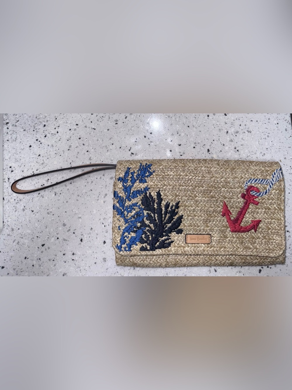 Vera Bradley Wristlet/Clutch Straw Beach Red Anchors Aweigh Embroidered Sea EUC